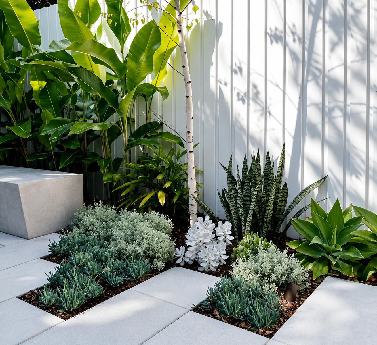 Contemporary Mediterranean courtyard garden in Altona with paper bark birch, agave, snake plants, helichrysum and pale concrete pavers against white cladding