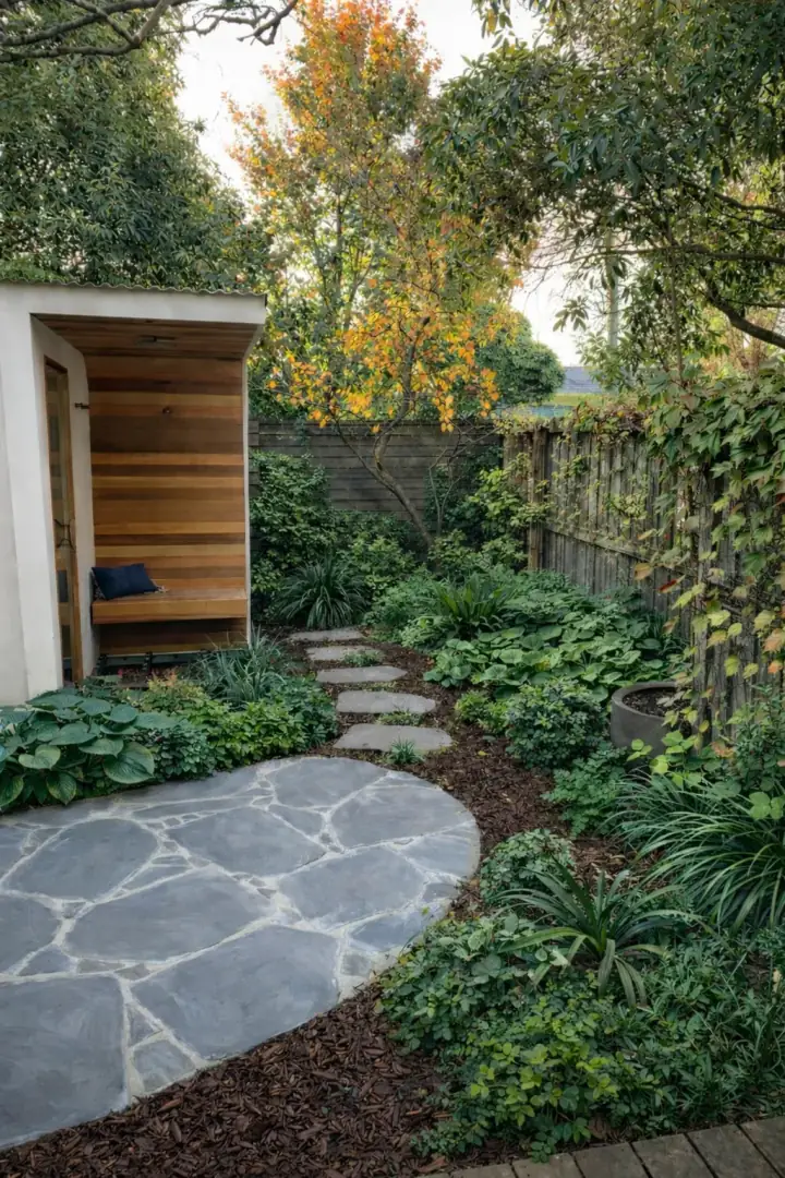 Spa-inspired rear yard with sauna, curved crazy paving and stepping stones, Williamstown