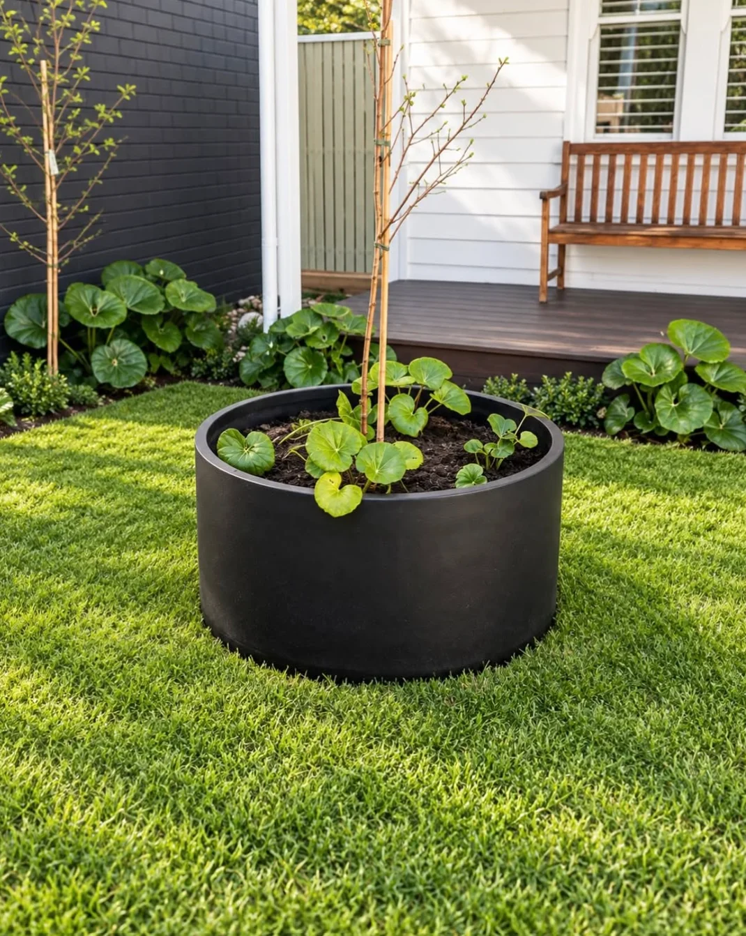 Circular black raised garden bed with a young tree, fresh lawn and layered planting beside a weatherboard home and timber porch