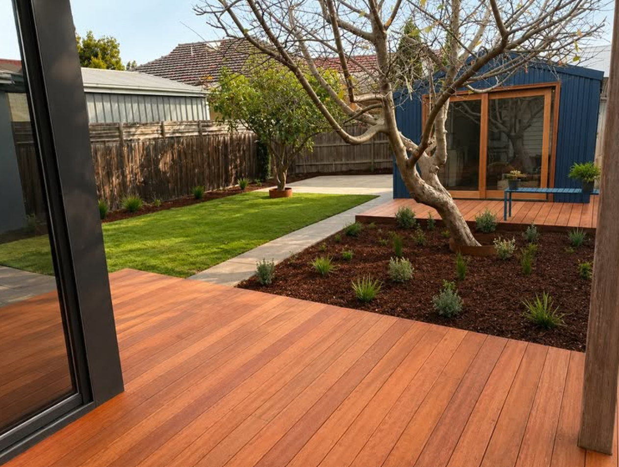 West Footscray backyard renovation with Merbau timber decking, fresh turf lawn, layered garden beds and mature established trees